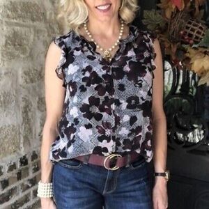 Cabi Small Black and White Purple Tweed Floral Weaver Sleeveless Sheer Blouse